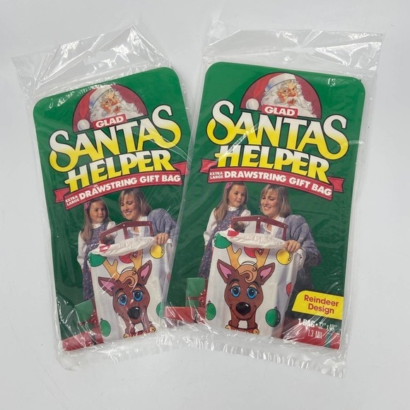 VINTAGE Lot of 2 Glad Santa's Helper XL Drawstring Gift Bag Reindeer 32" x 40" - Picture 9 of 9